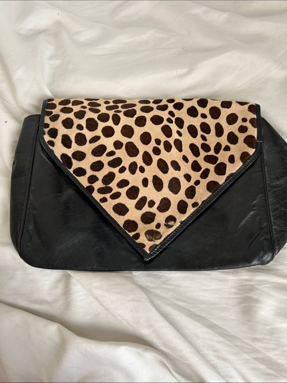 Saks Fifth Avenue Black Leather Clutch with Leopard Haircalf Flap
